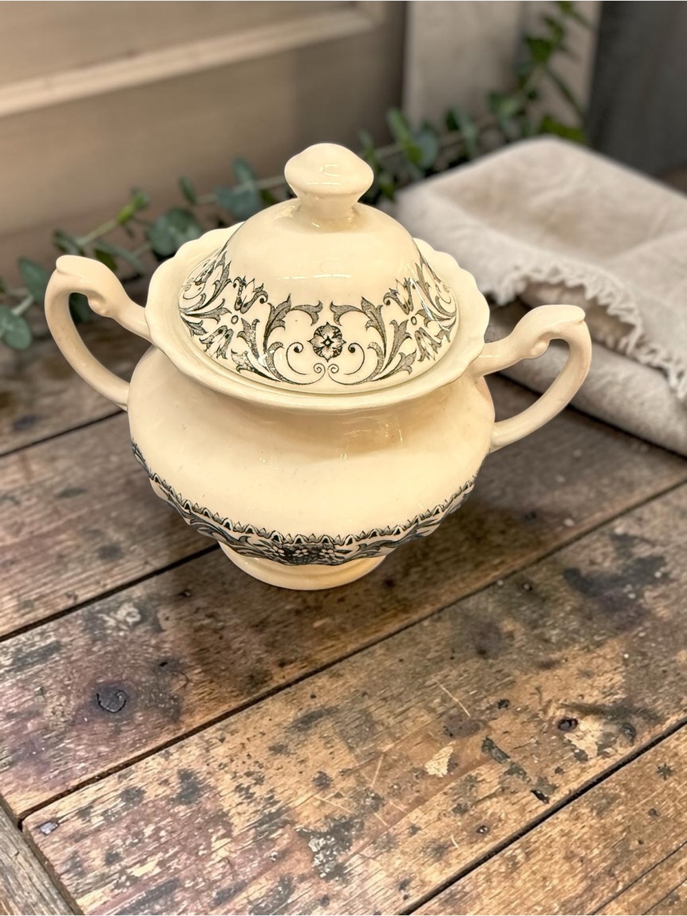 Cream Porcelain Two-Handled Lidded Sugar Bowl with black Transferware print